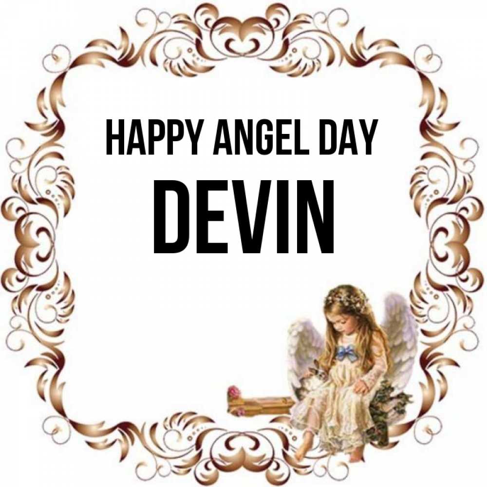 Greetings card с именем, Devin happy angel day рамочка из перьев и ангелочек Greetings with text for free download 