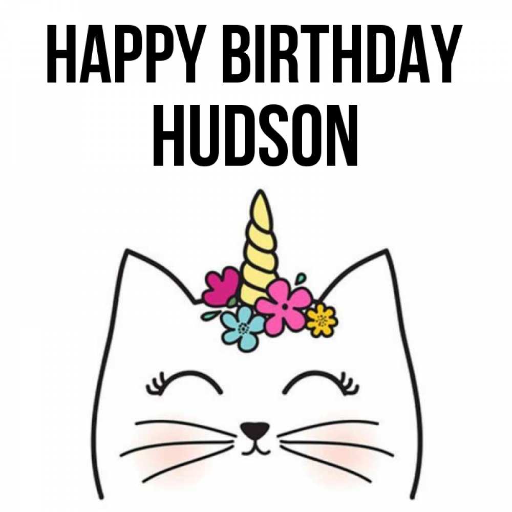 Greetings card с именем, Hudson Happy Birthday милый кот с одним рожком Greetings with text for free download 