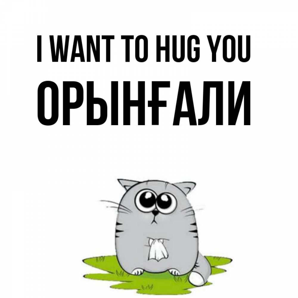 Greetings card с именем, ОРЫНҒАЛИ I want to hug you котик теребит платочек сидя на травке Greetings with text for free download 