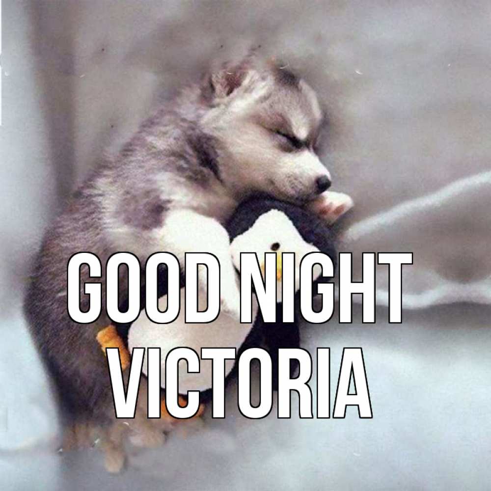 Greetings card с именем, Victoria Good night обнимашки щенка и пингвина Greetings with text for free download 
