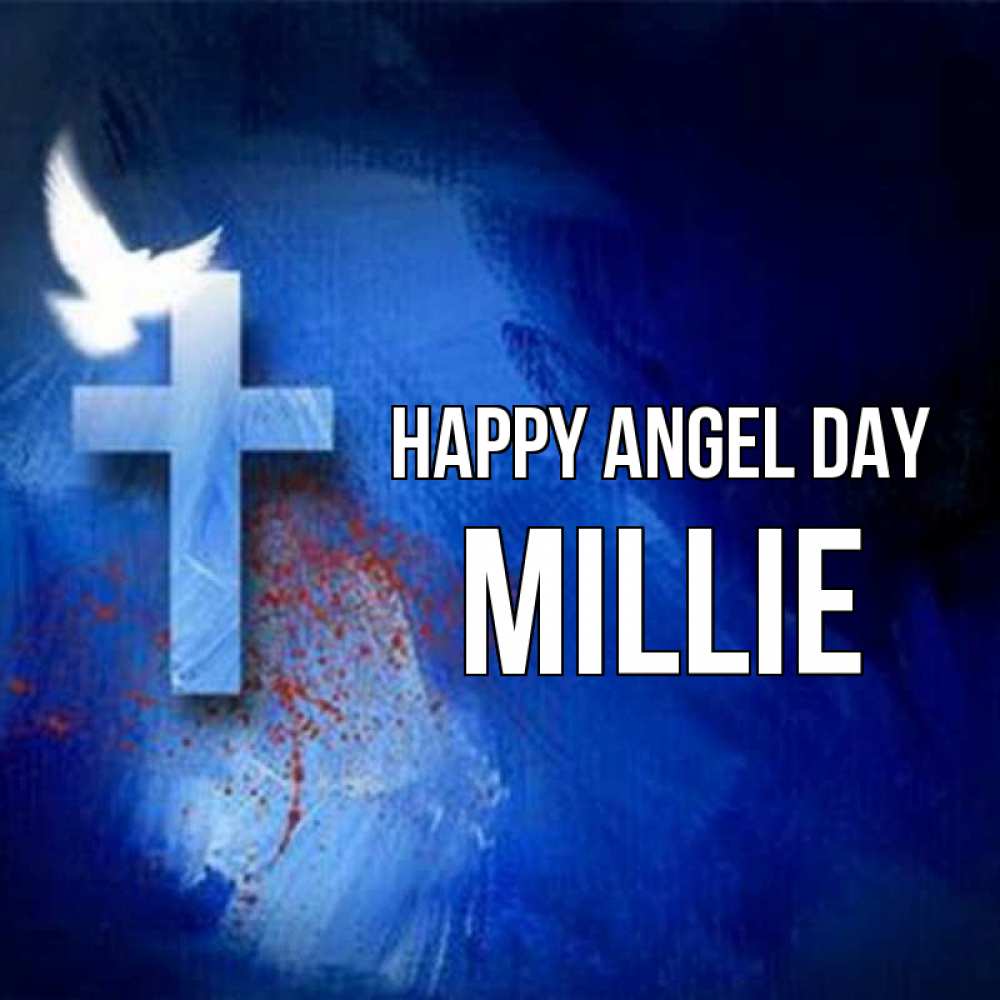 Greetings card с именем, Millie happy angel day Синий фон и птица Greetings with text for free download 