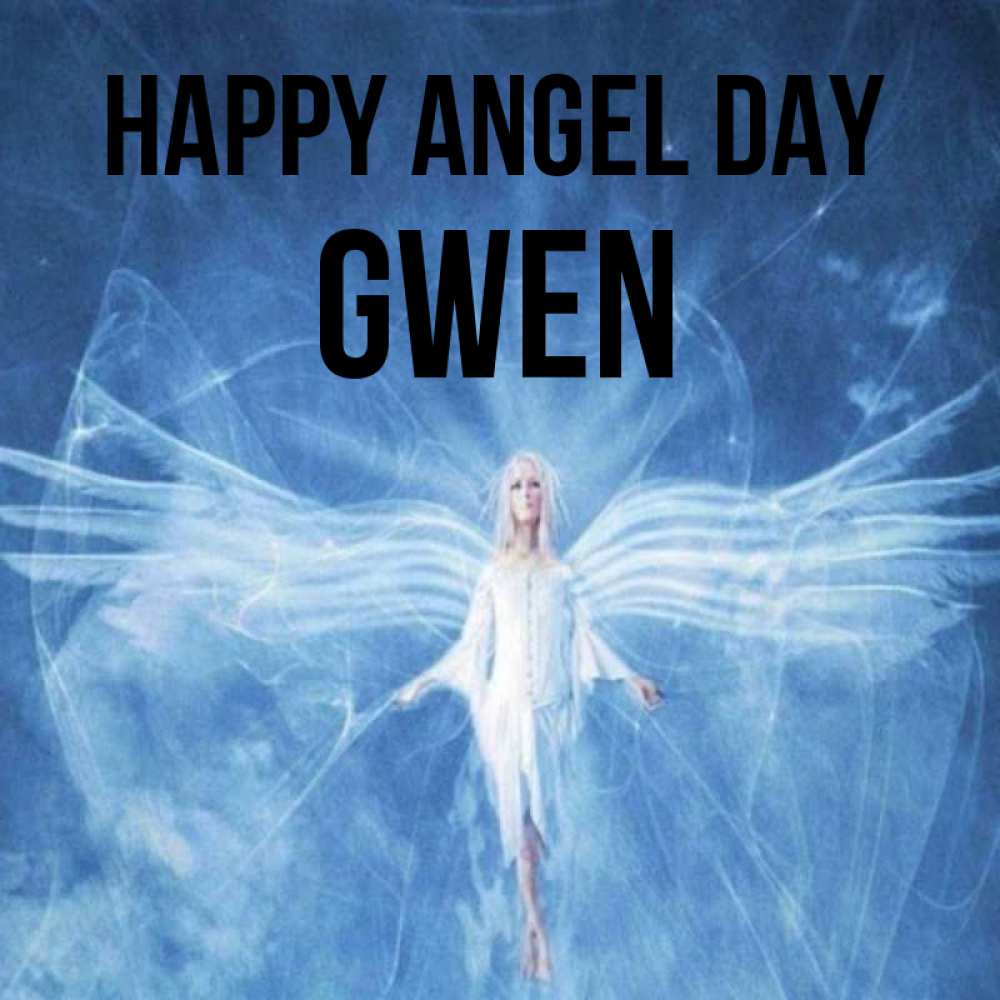 Greetings card с именем, Gwen happy angel day голубой фон и крылья как у стрекозы Greetings with text for free download 