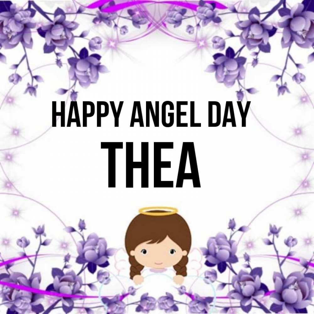 Greetings card с именем, Thea happy angel day с именинами в рамочке Greetings with text for free download 