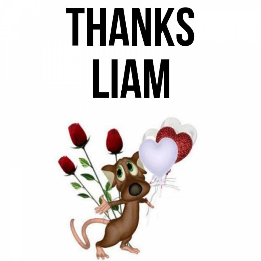 Greetings card с именем, Liam Thanks песик с шариками в форме сердец Greetings with text for free download 