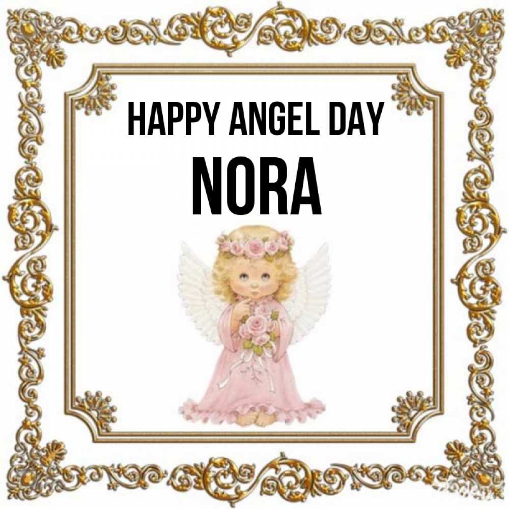 Greetings card с именем, Nora happy angel day девочка ангел с крыльями и цветами в розовом платье Greetings with text for free download 