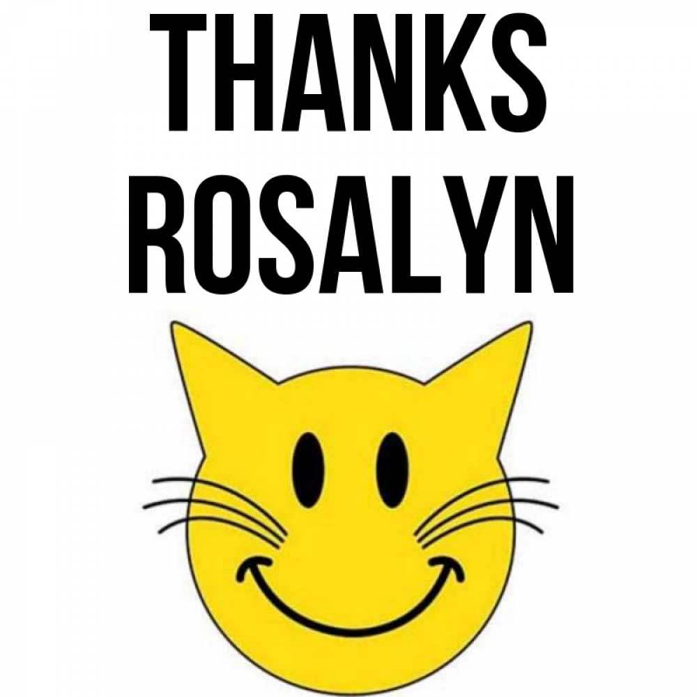 Greetings card с именем, Rosalyn Thanks улыбающийся смайл кот Greetings with text for free download 