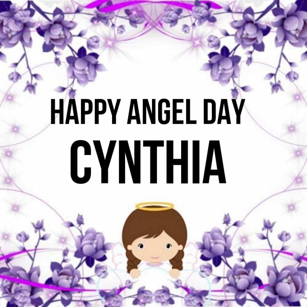 Greetings card с именем, Cynthia happy angel day с именинами в рамочке Greetings with text for free download 