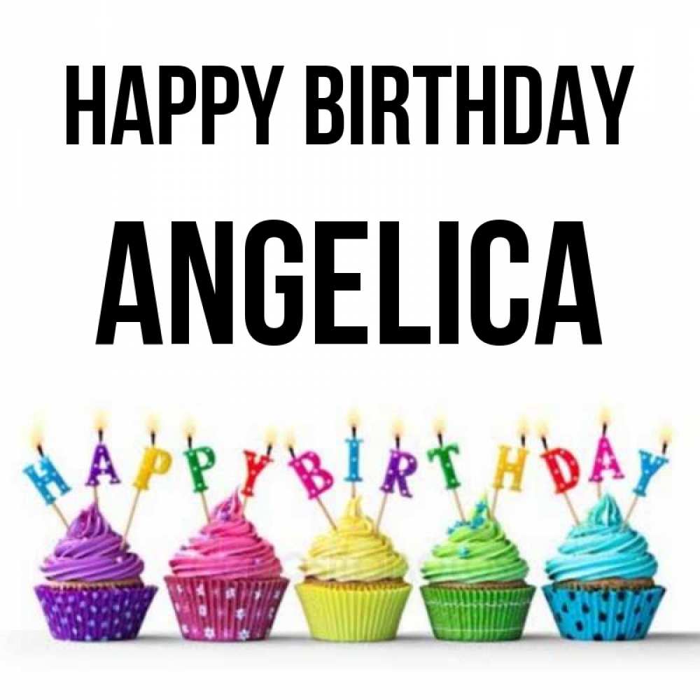 Greetings card с именем, Angelica Happy Birthday открытка ко дню рождения с разноцветными вкусняшками Greetings with text for free download 