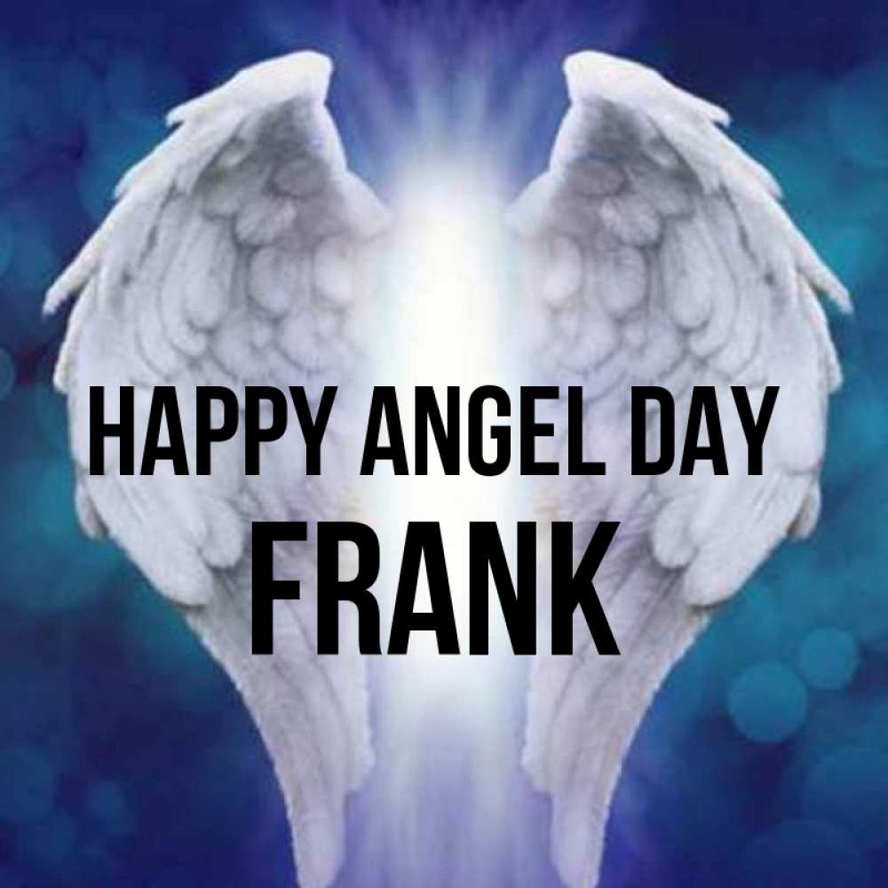 Greetings card с именем, Frank happy angel day синий фон и крылышки Greetings with text for free download 