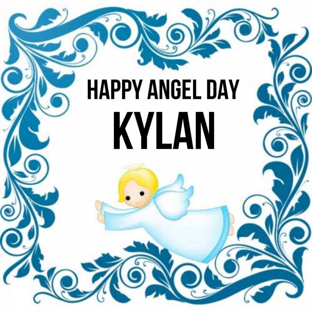 Greetings card с именем, Kylan happy angel day девочка ангел и синяя рамка Greetings with text for free download 