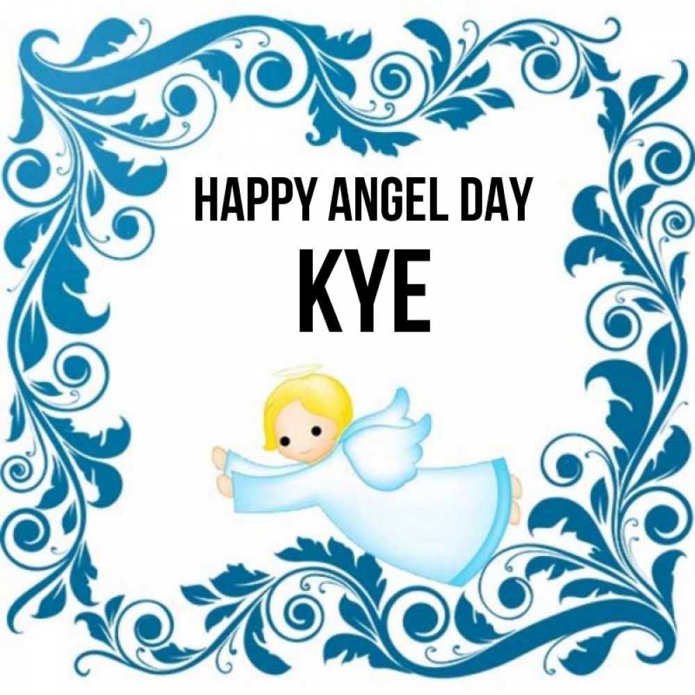 Greetings card с именем, Kye happy angel day девочка ангел и синяя рамка Greetings with text for free download 