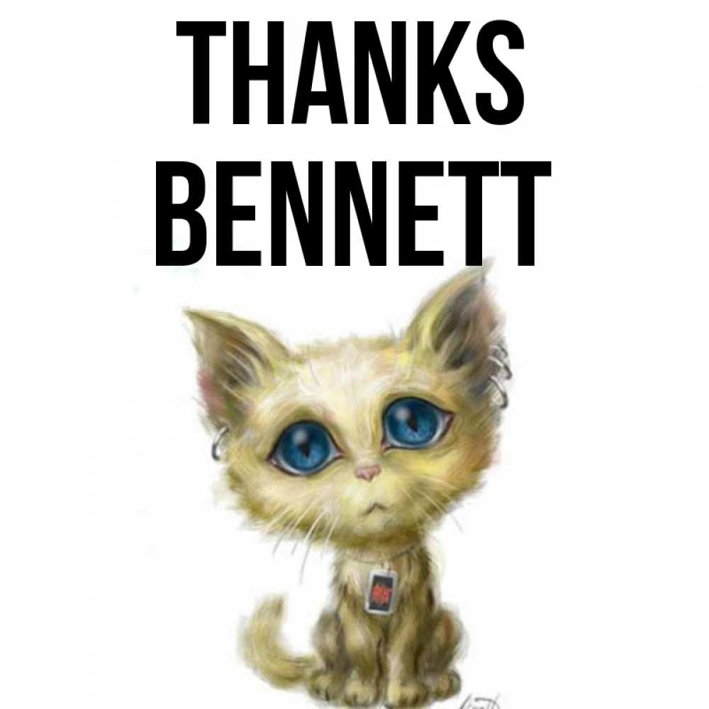 Greetings card с именем, Bennett Thanks рисованный кот благодарит вас Greetings with text for free download 