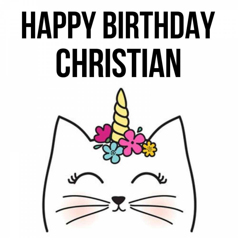 Greetings card с именем, Christian Happy Birthday милый кот с одним рожком Greetings with text for free download 
