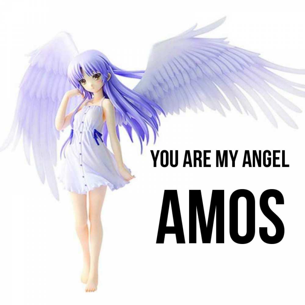 Greetings card с именем, Amos You are my angel девушка ангел с фиолетовыми крыльями Greetings with text for free download 
