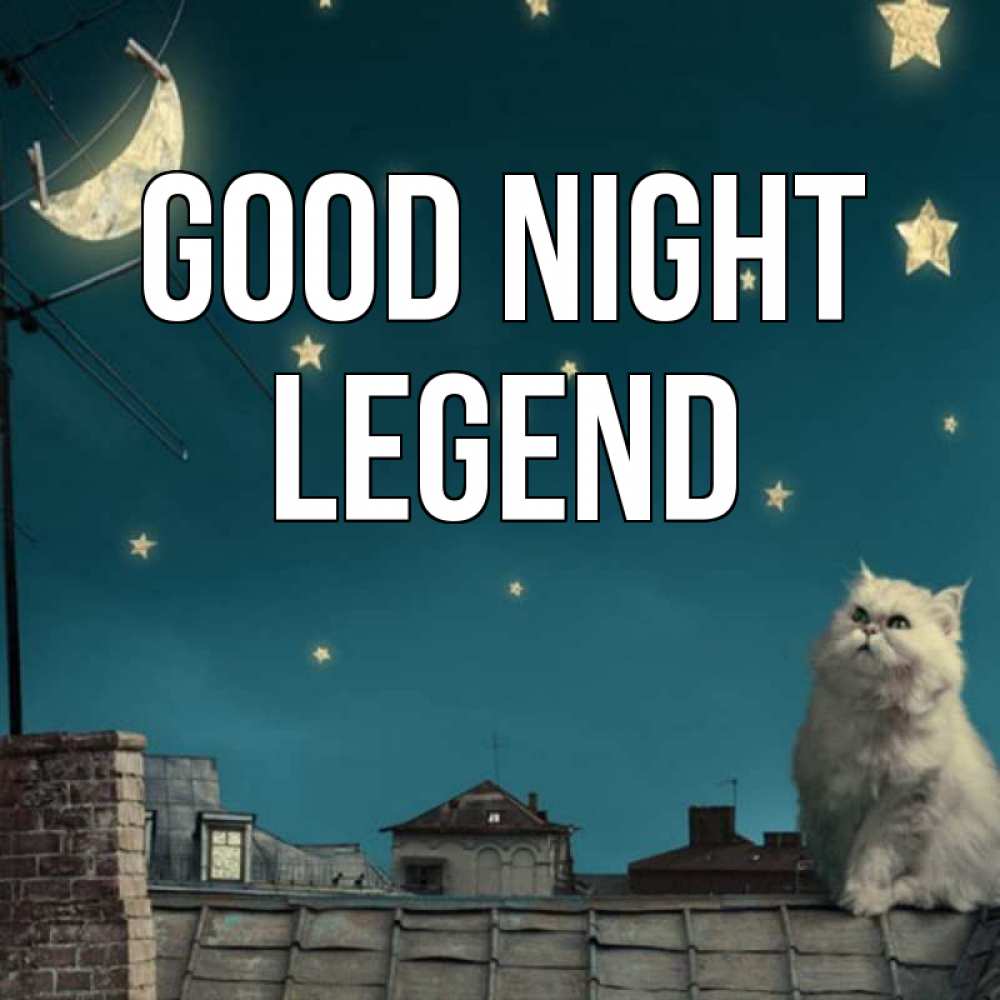 Greetings card с именем, Legend Good night белый кот сидит на крыше Greetings with text for free download 