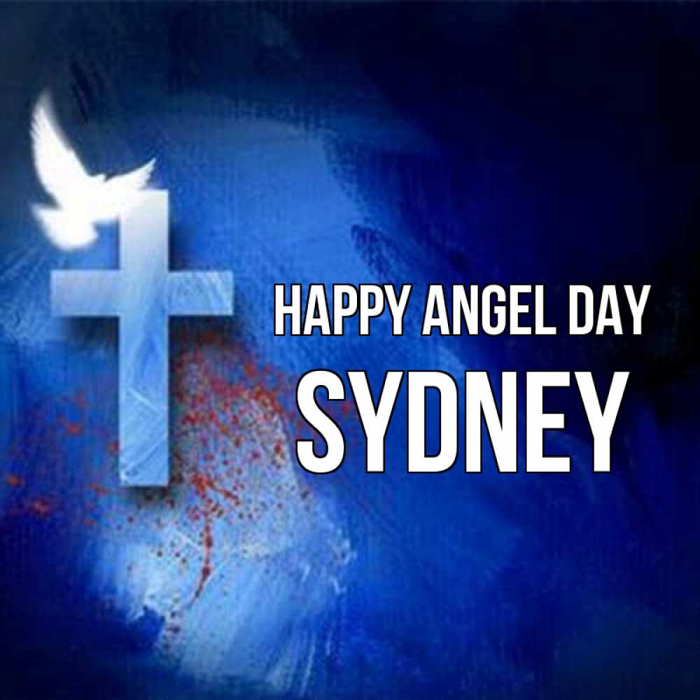 Greetings card с именем, Sydney happy angel day Синий фон и птица Greetings with text for free download 