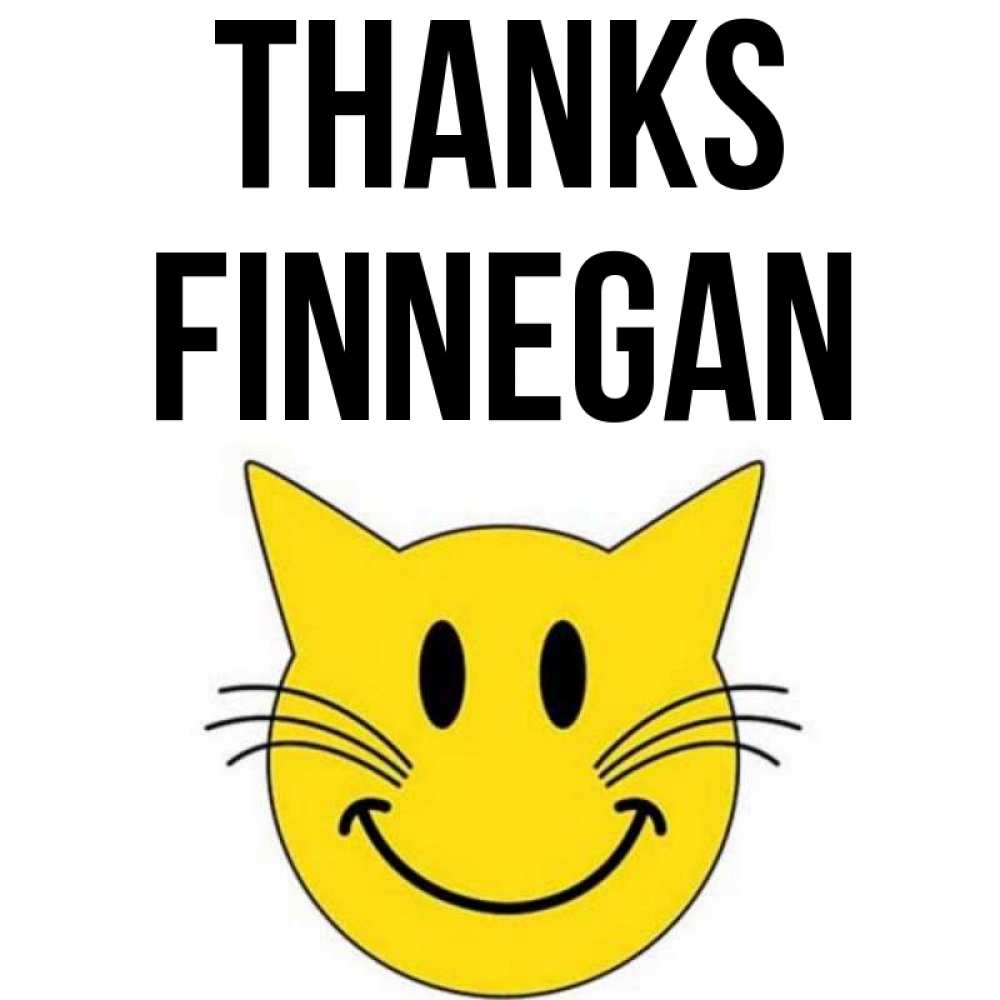 Greetings card с именем, Finnegan Thanks улыбающийся смайл кот Greetings with text for free download 