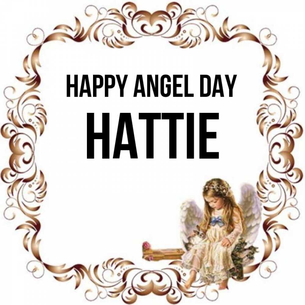 Greetings card с именем, Hattie happy angel day рамочка из перьев и ангелочек Greetings with text for free download 
