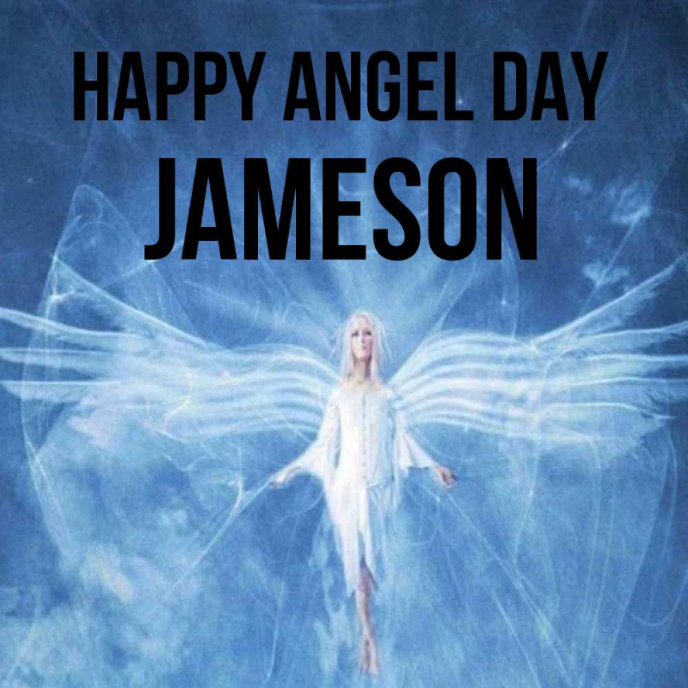 Greetings card с именем, Jameson happy angel day голубой фон и крылья как у стрекозы Greetings with text for free download 