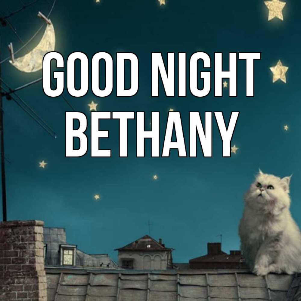 Greetings card с именем, Bethany Good night белый кот сидит на крыше Greetings with text for free download 