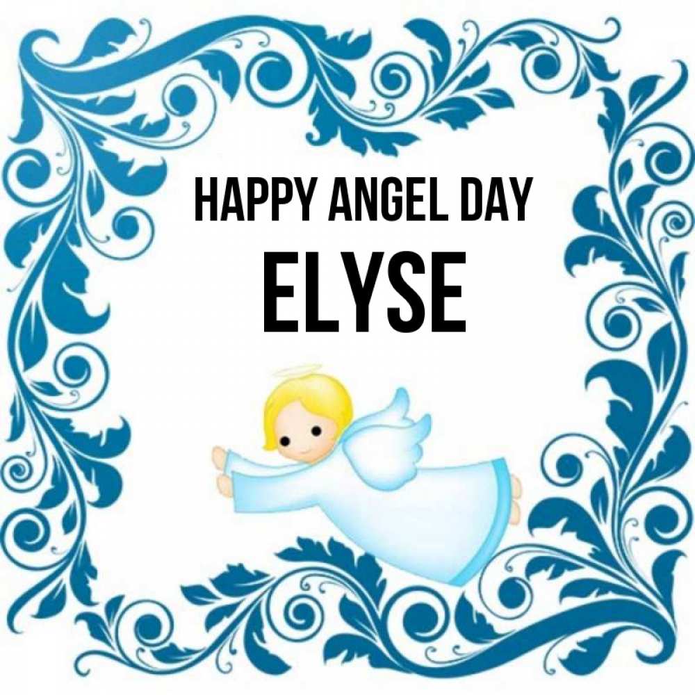 Greetings card с именем, Elyse happy angel day девочка ангел и синяя рамка Greetings with text for free download 