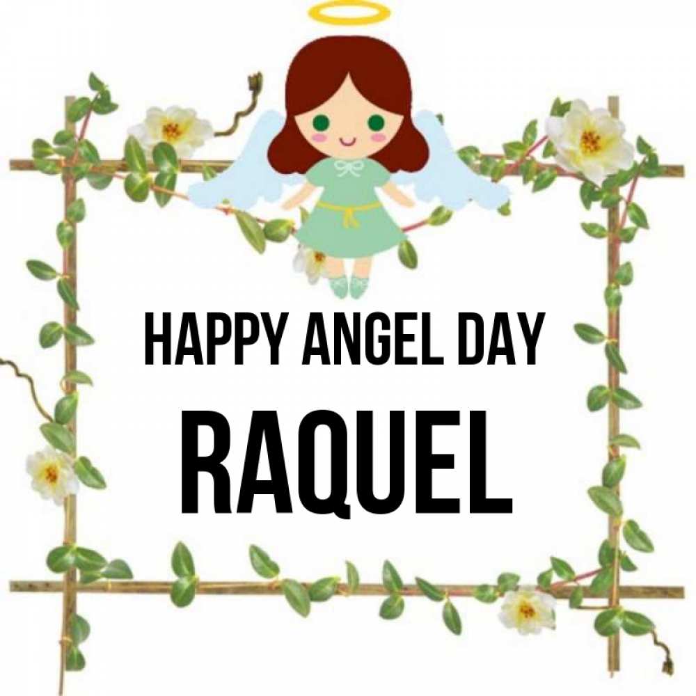 Greetings card с именем, Raquel happy angel day Ангел с нимбом Greetings with text for free download 