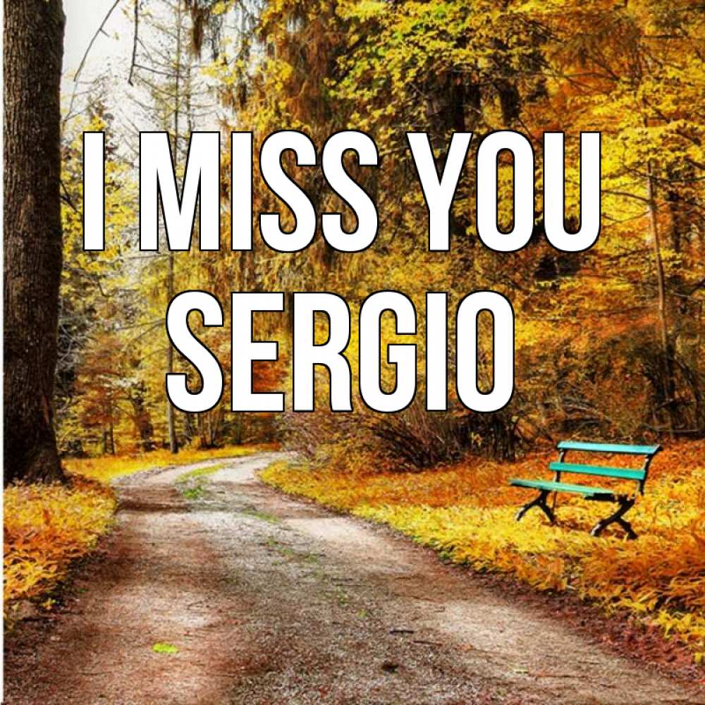 Greetings card с именем, Sergio I miss you зеленая лавочка и осенний лес Greetings with text for free download 