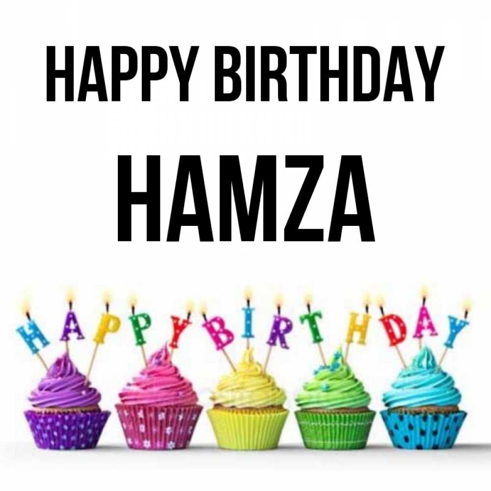 Greetings card с именем, Hamza Happy Birthday открытка ко дню рождения с разноцветными вкусняшками Greetings with text for free download 