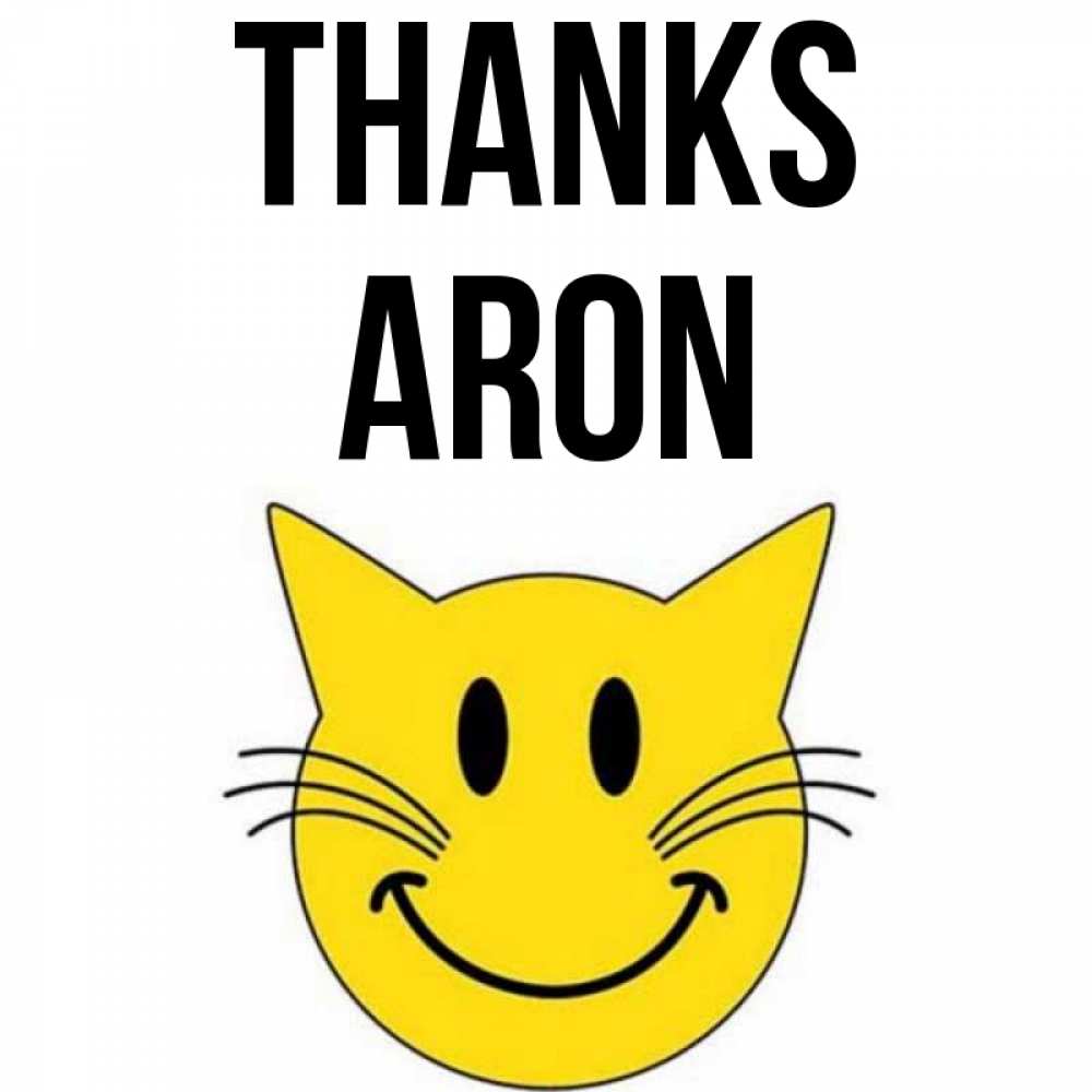 Greetings card с именем, Aron Thanks улыбающийся смайл кот Greetings with text for free download 