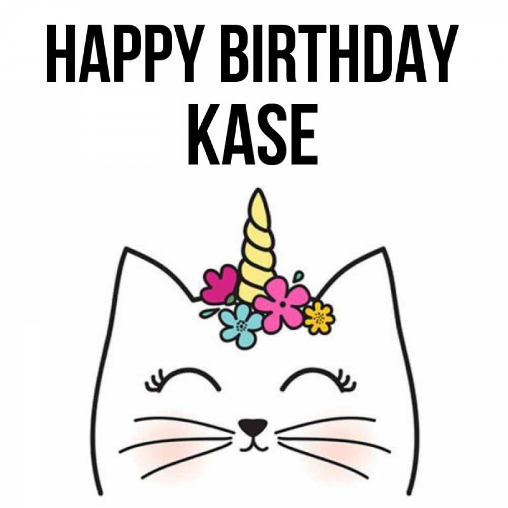 Greetings card с именем, Kase Happy Birthday милый кот с одним рожком Greetings with text for free download 