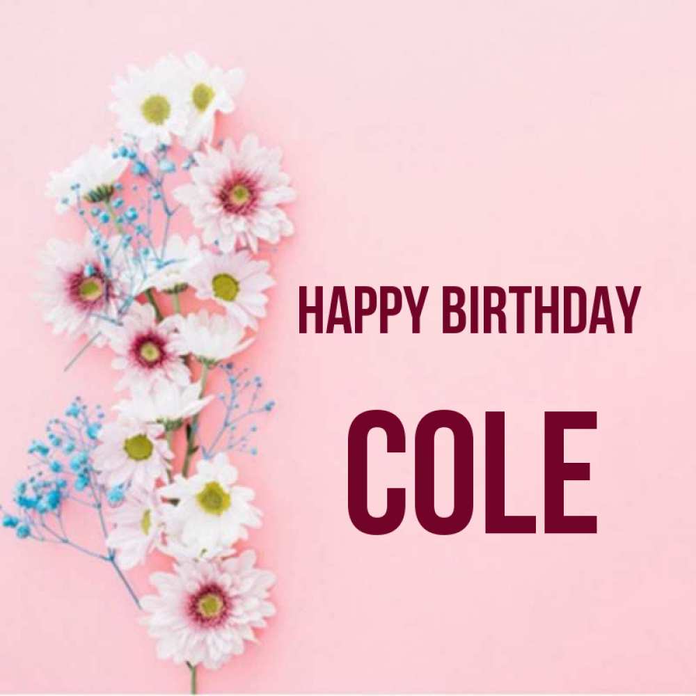 Greetings card с именем, Cole Happy Birthday Родная моя с днем рождения тебя картинка с цветами белыми и голубыми Greetings with text for free download 