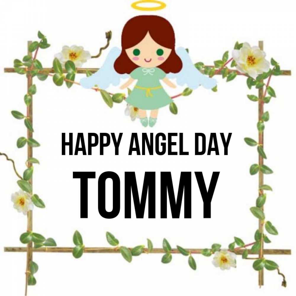 Greetings card с именем, Tommy happy angel day Ангел с нимбом Greetings with text for free download 