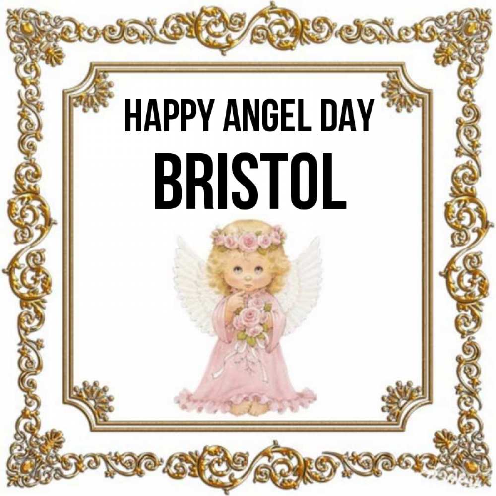 Greetings card с именем, Bristol happy angel day девочка ангел с крыльями и цветами в розовом платье Greetings with text for free download 
