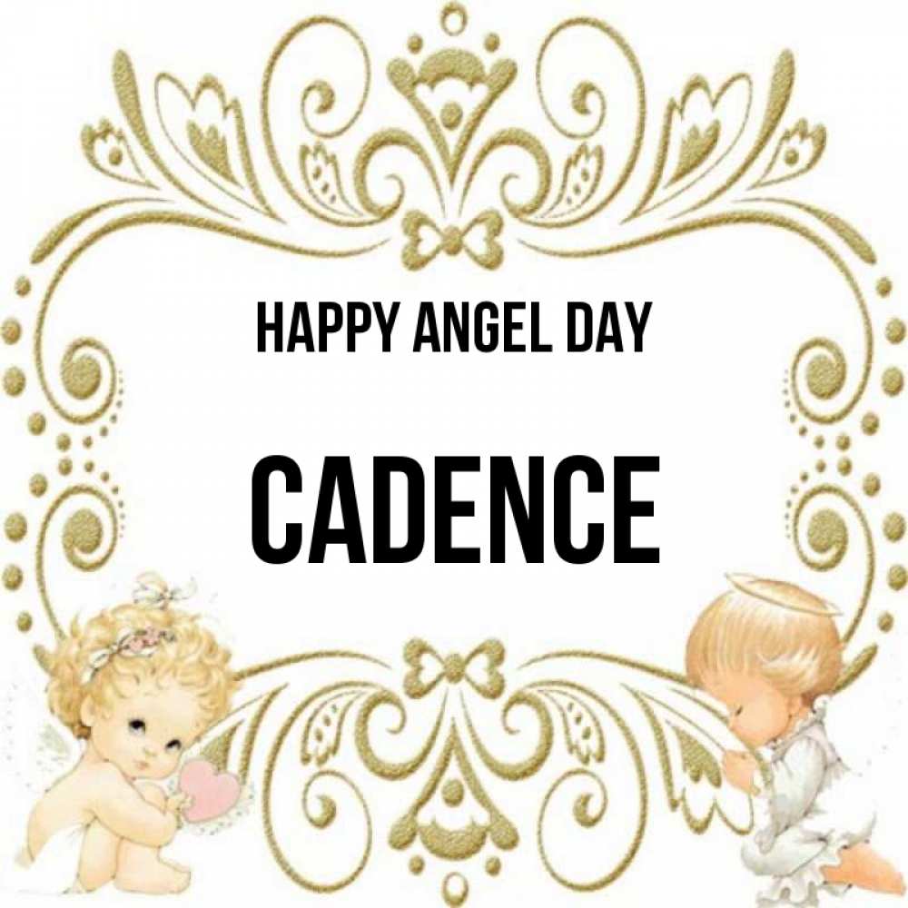 Greetings card с именем, Cadence happy angel day с именинами поздравляют два красивых ангела. Один с сердечком другой молится Greetings with text for free download 