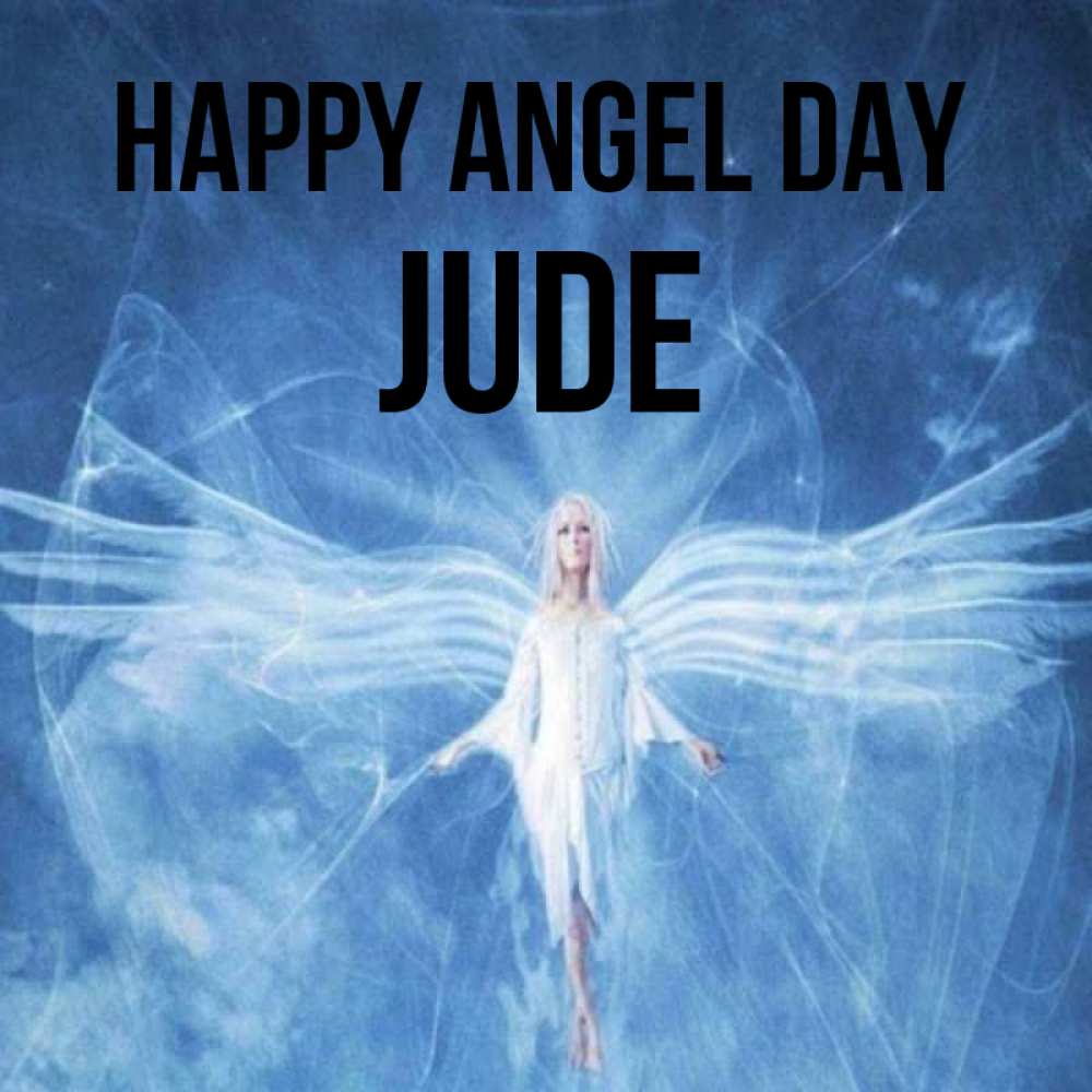 Greetings card с именем, Jude happy angel day голубой фон и крылья как у стрекозы Greetings with text for free download 