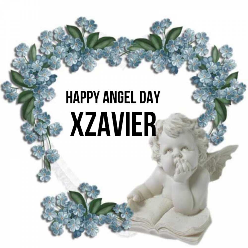 Greetings card с именем, Xzavier happy angel day голубые цветы и мраморный ангел Greetings with text for free download 