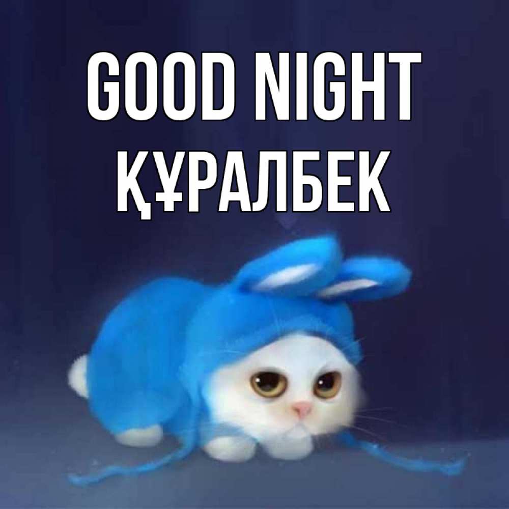Greetings card с именем, ҚҰРАЛБЕК Good night кот в голубом костюме кролика с ушками Greetings with text for free download 