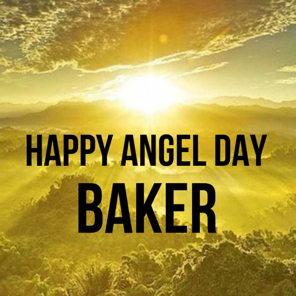 Greetings card с именем, Baker happy angel day леса и небо в желтом Greetings with text for free download 