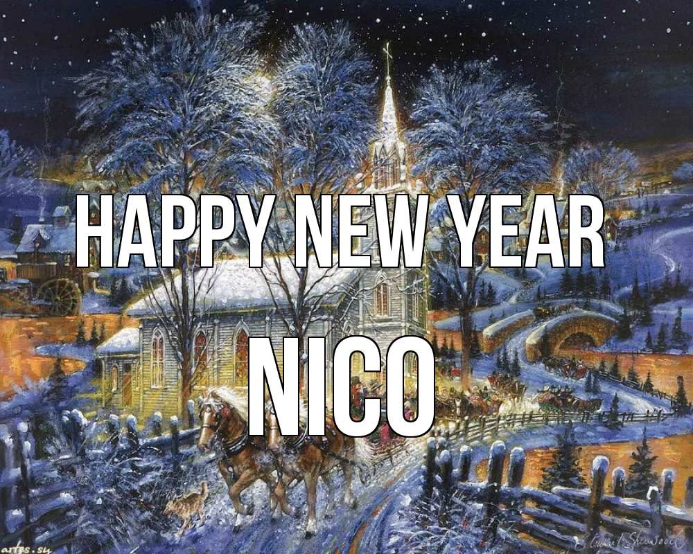 Greetings card с именем, Nico Happy New Year упряжка лошадей, лошади, новый год Greetings with text for free download 
