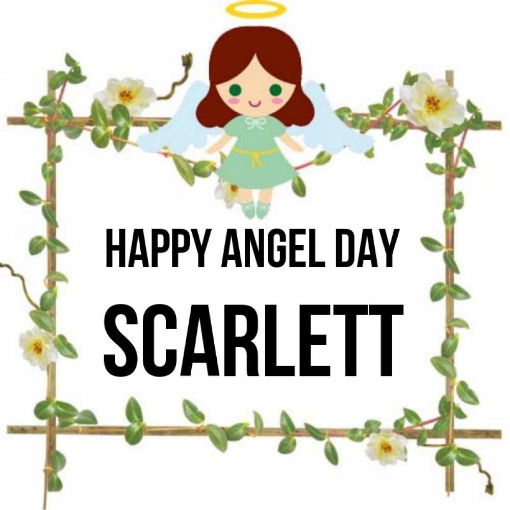 Greetings card с именем, Scarlett happy angel day Ангел с нимбом Greetings with text for free download 