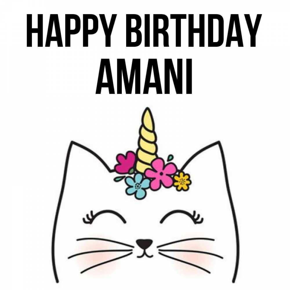 Greetings card с именем, Amani Happy Birthday милый кот с одним рожком Greetings with text for free download 