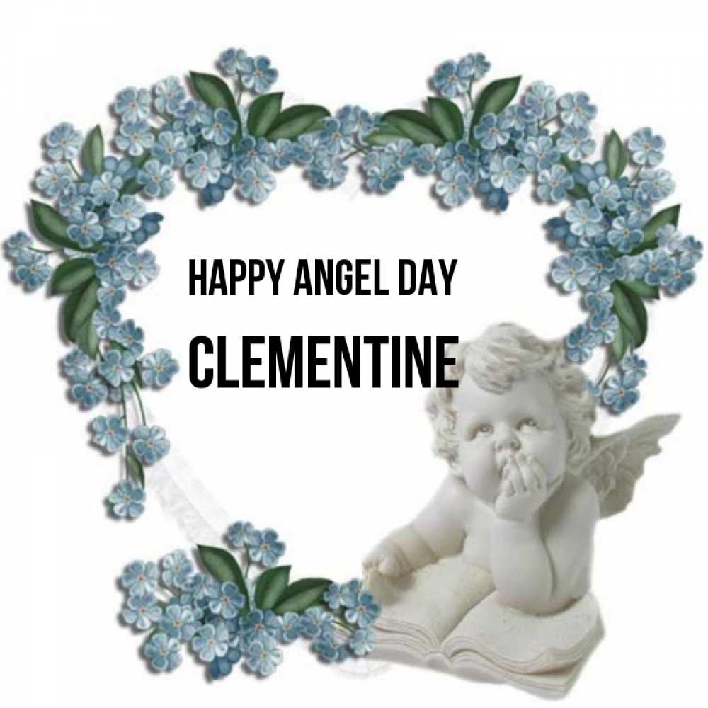 Greetings card с именем, Clementine happy angel day голубые цветы и мраморный ангел Greetings with text for free download 