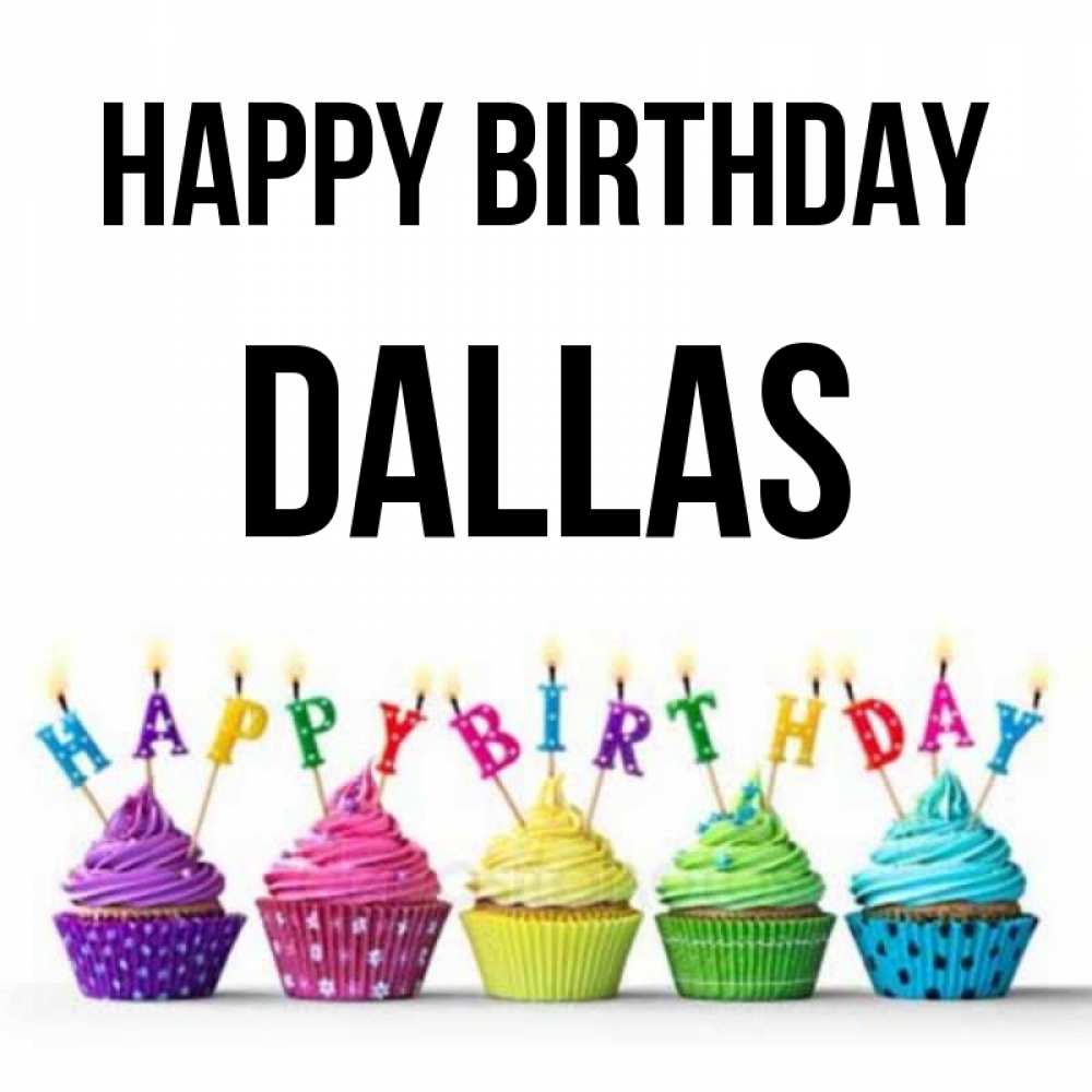 Greetings card с именем, Dallas Happy Birthday открытка ко дню рождения с разноцветными вкусняшками Greetings with text for free download 