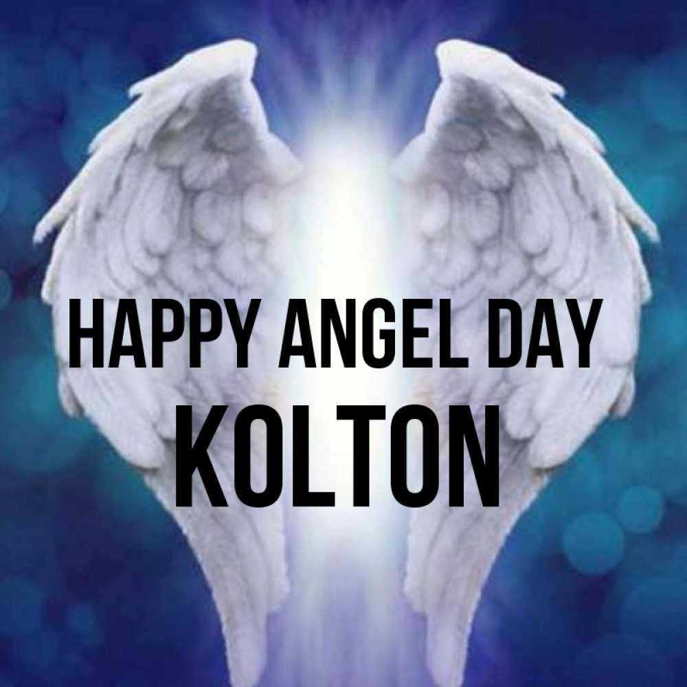 Greetings card с именем, Kolton happy angel day синий фон и крылышки Greetings with text for free download 