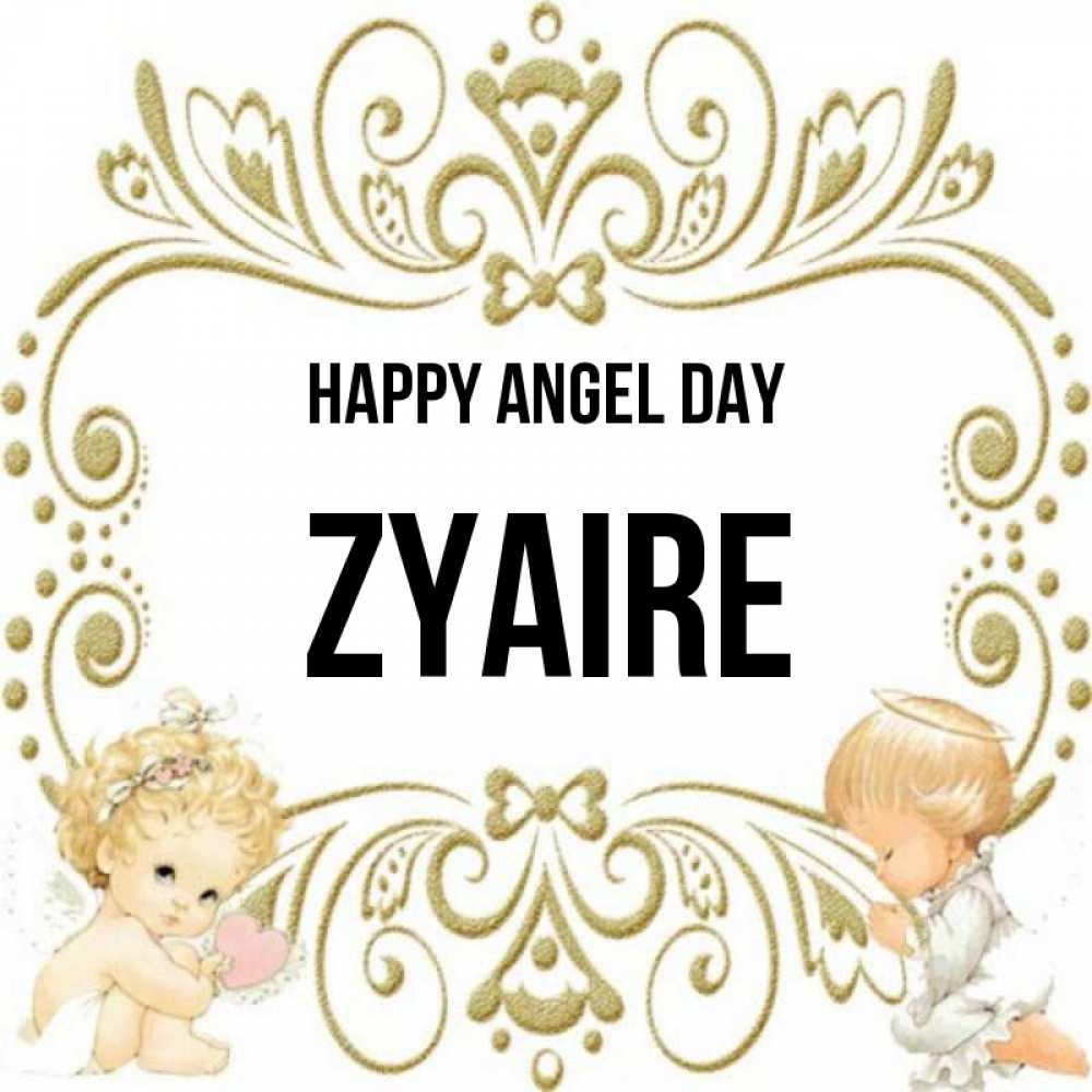 Greetings card с именем, Zyaire happy angel day с именинами поздравляют два красивых ангела. Один с сердечком другой молится Greetings with text for free download 