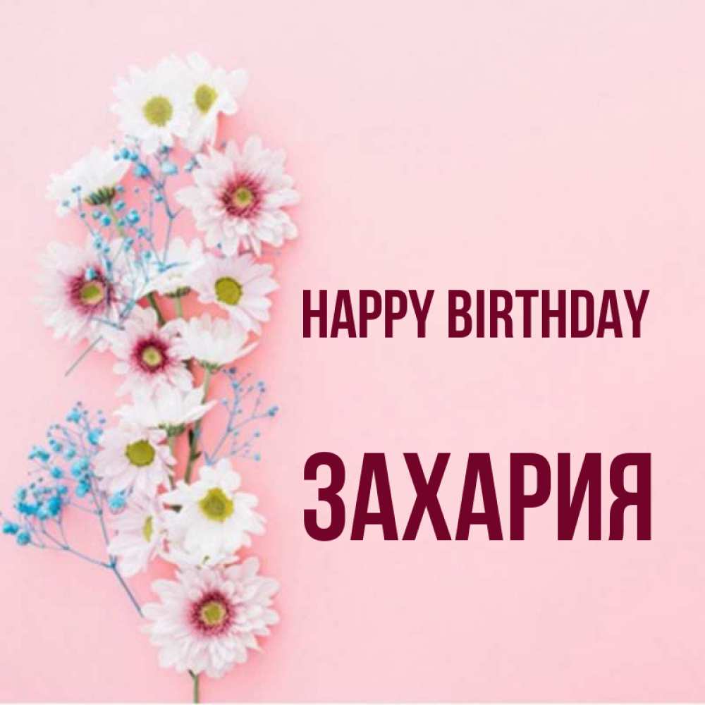 Greetings card с именем, Захария Happy Birthday Родная моя с днем рождения тебя картинка с цветами белыми и голубыми Greetings with text for free download 
