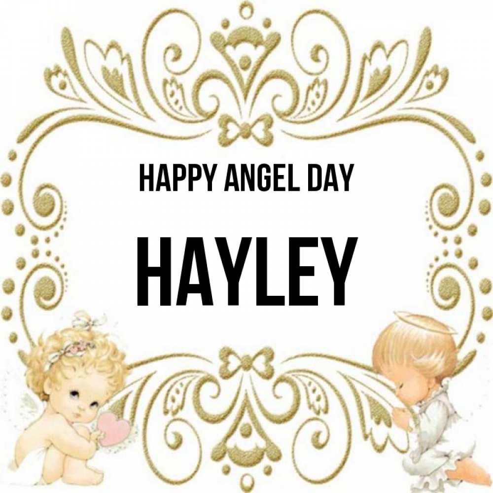 Greetings card с именем, Hayley happy angel day с именинами поздравляют два красивых ангела. Один с сердечком другой молится Greetings with text for free download 