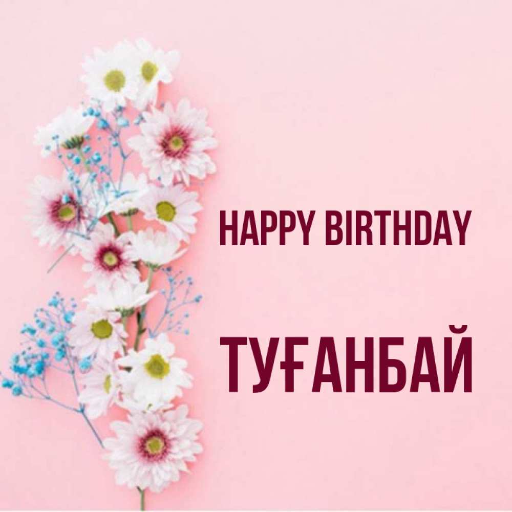 Greetings card с именем, ТУҒАНБАЙ Happy Birthday Родная моя с днем рождения тебя картинка с цветами белыми и голубыми Greetings with text for free download 