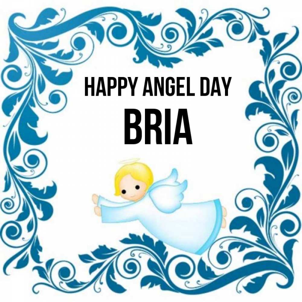 Greetings card с именем, Bria happy angel day девочка ангел и синяя рамка Greetings with text for free download 