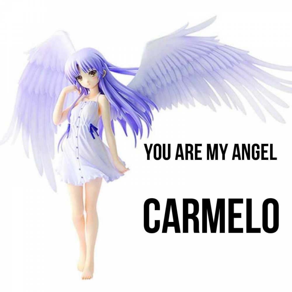 Greetings card с именем, Carmelo You are my angel девушка ангел с фиолетовыми крыльями Greetings with text for free download 